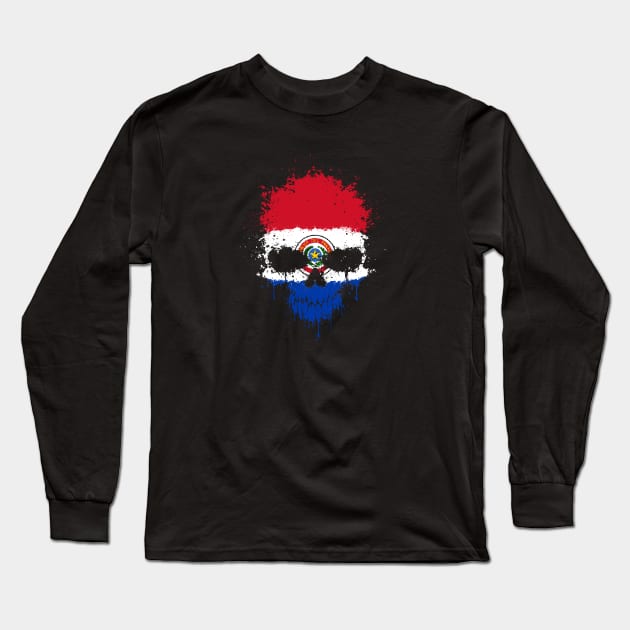 Chaotic Paraguay Flag Splatter Skull Long Sleeve T-Shirt by jeffbartels